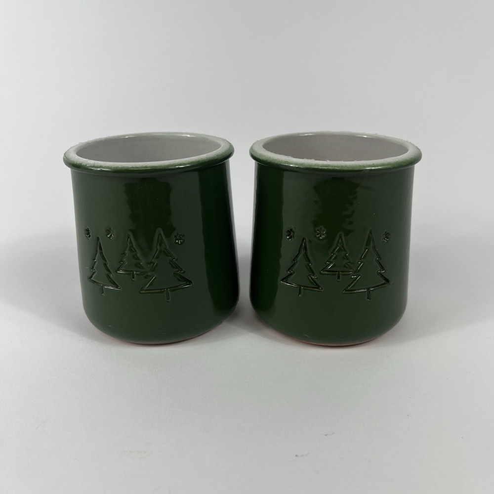 Set Of 2 La Fermiere Green Terra Cotta Christmas Trees Yogurt Pot